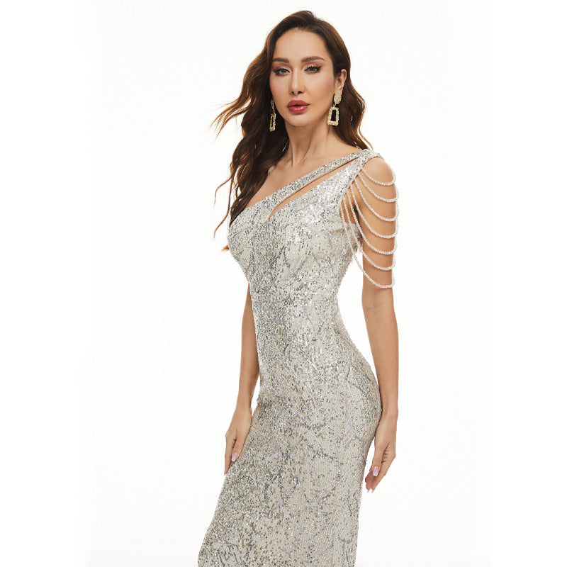 Elegant One Shoulder Party Evening Gown Sexy Long Slim Fit Bridal Chic Dress 14