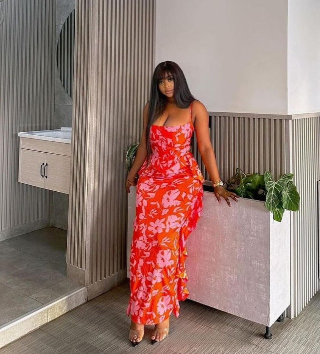 Women sexy suspender backless print dress 3