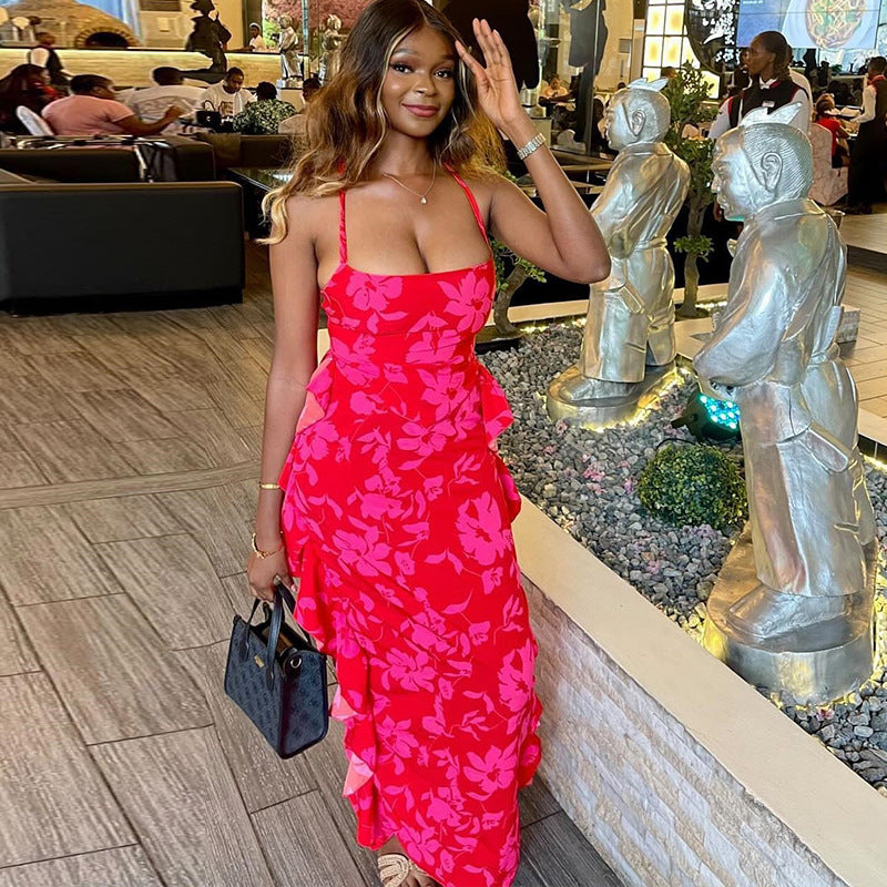 Women Sexy Printed Suspender Backless Strappy Top and Skirt Two-piece Set 3