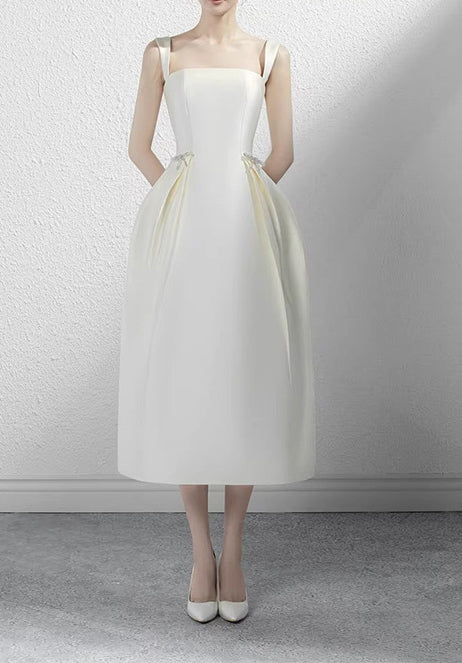 Women French White Satin Formal Party Birthday Party Strapless Evening Dress（Processing time need 3-6 days）