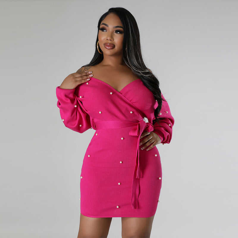 Women dress long-sleeved v-neck belt beaded sexy bodycon dress 5