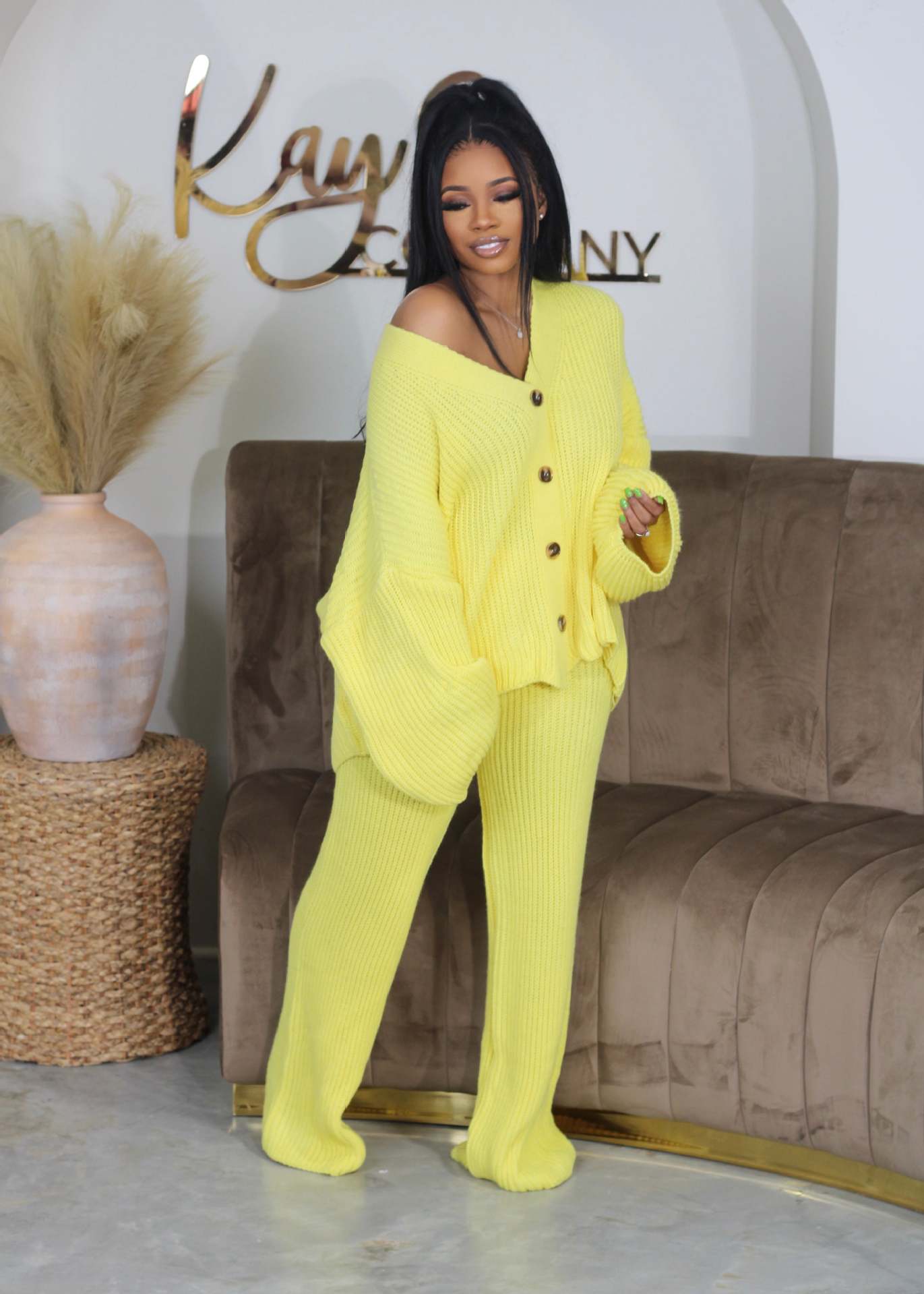 Women Fall/Winter Solidv-neck Button Top and Wide-leg Pants Sweater Two-piece Set 6