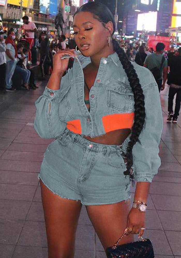 Fashionable Denim Suit Casual Denim Jacket Shorts Set
