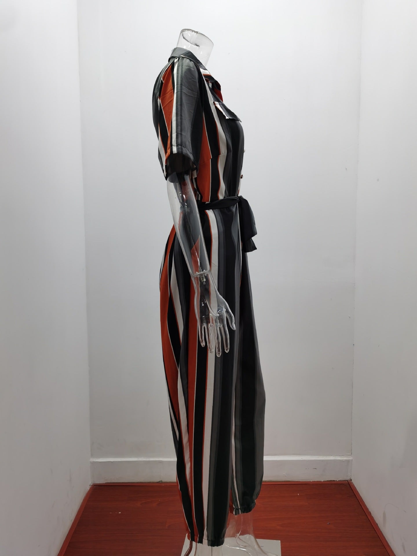 Women'S Summer Cargo Trousers Casual Turndown Collar Buttoned Printed Belt Jumpsuit 30