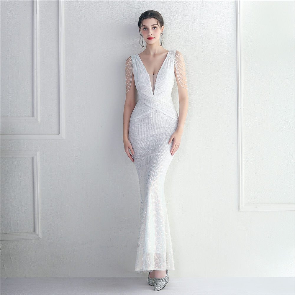 Women Beaded Sequin Maxi Mermaid Evening Gown