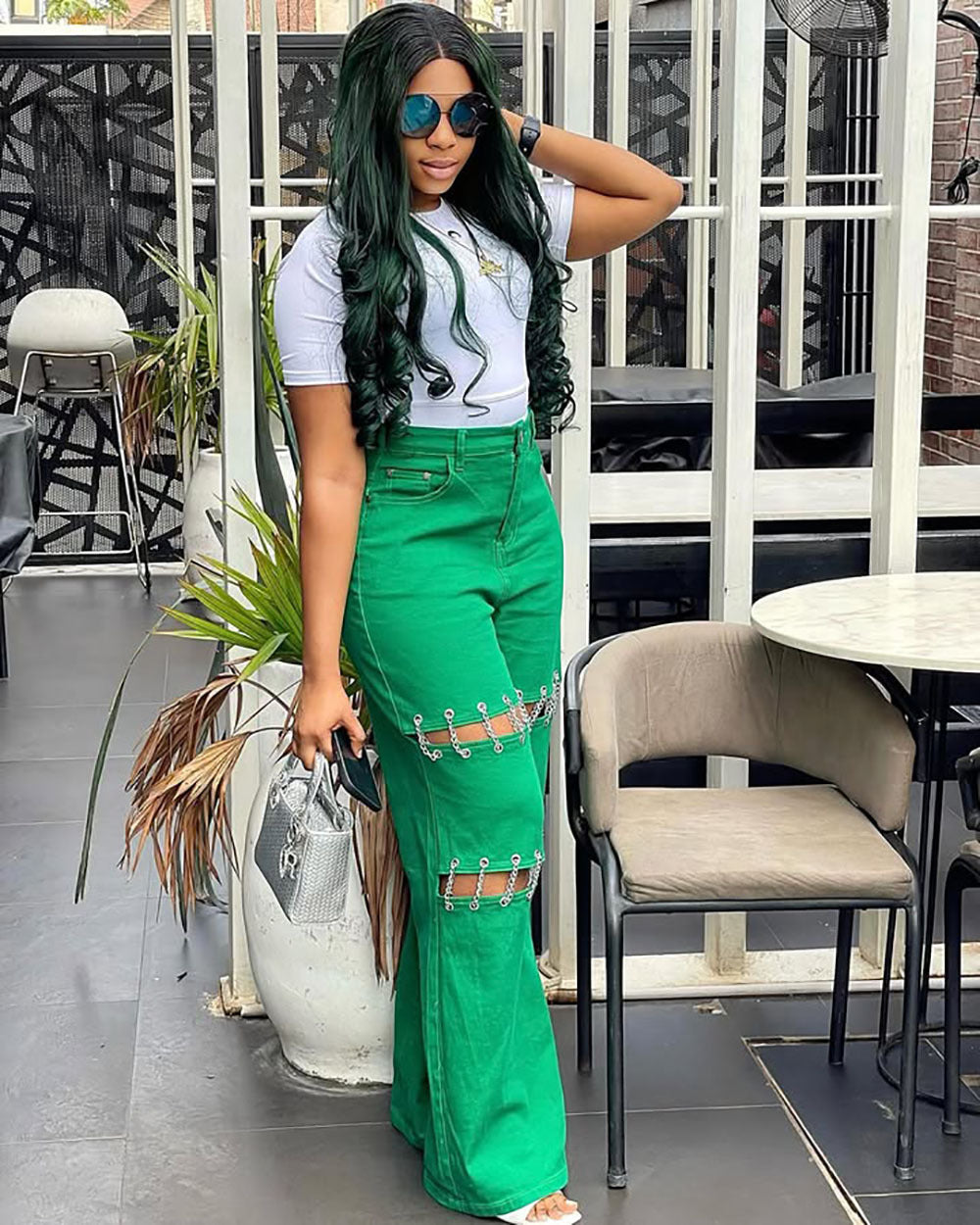 Women's High-Waisted Patchwork Denim Jeans with Studded Chain 7