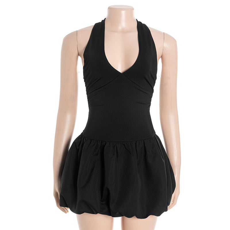 Women V-Neck Halter Neck Sexy Contrast Patchwork Flower Bud Mini Dress 8