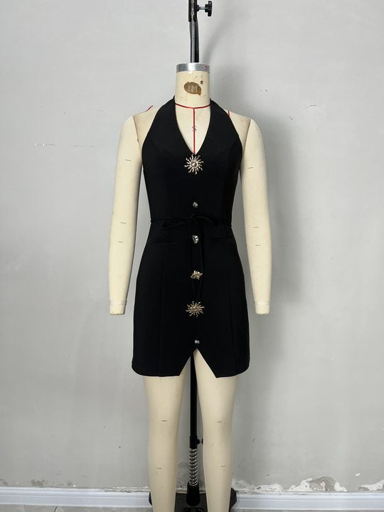 summer black v-neck fashion high waist Slim short dress 5