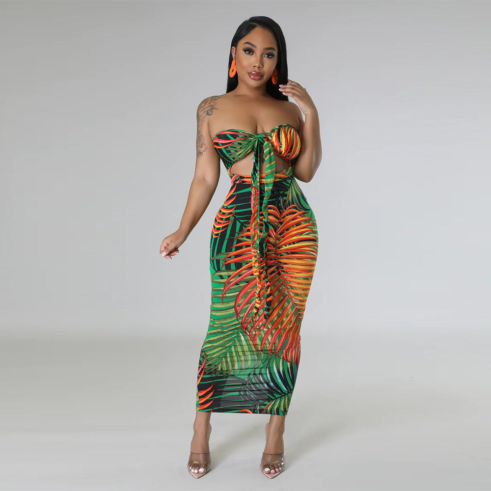 Women's Sexy Sleeveless Lace-Up Low Back Dress Slit Print Maxi Dress