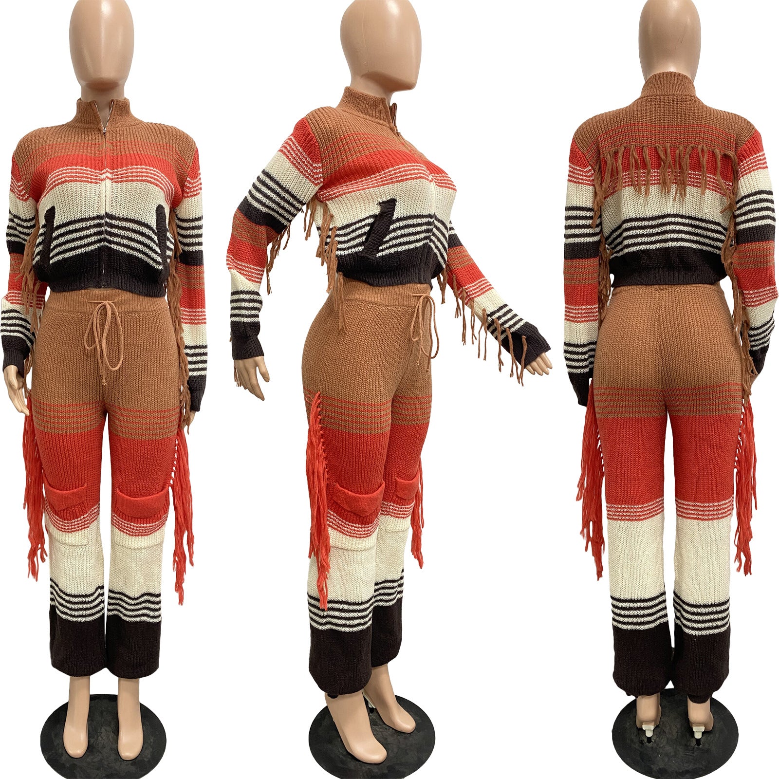 Women Casual Knitting Pocket Crochet Top and Pant Two-piece Set 4