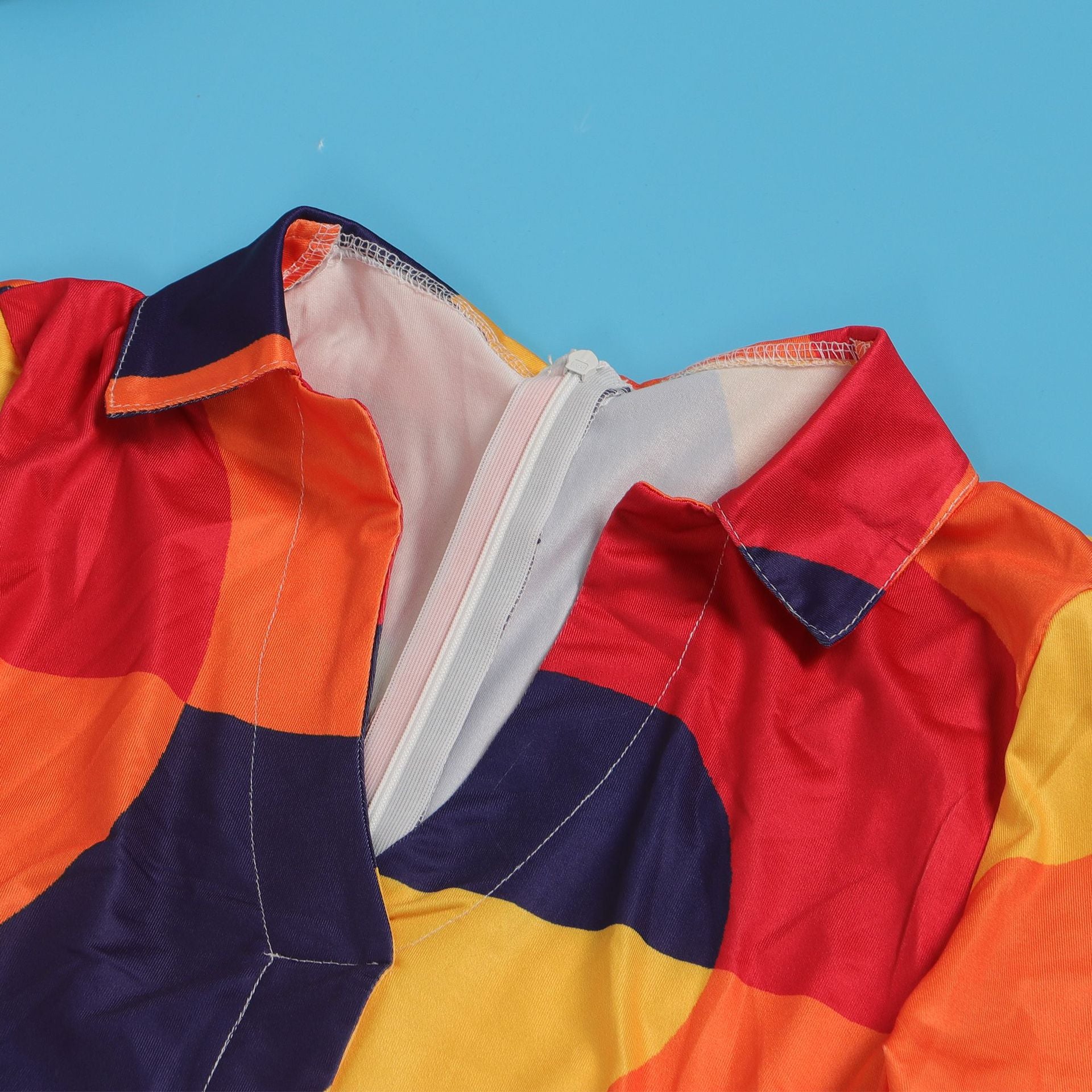 Sexy Slim Deep V Printed Wide Leg Turndown Collar Slim Waist Long Sleeve Jumpsuit 21