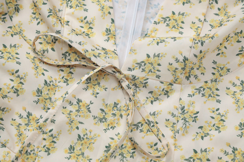 Women French Floral Sexy Chic V-neck Puff Sleeve Pleated Skirt 12