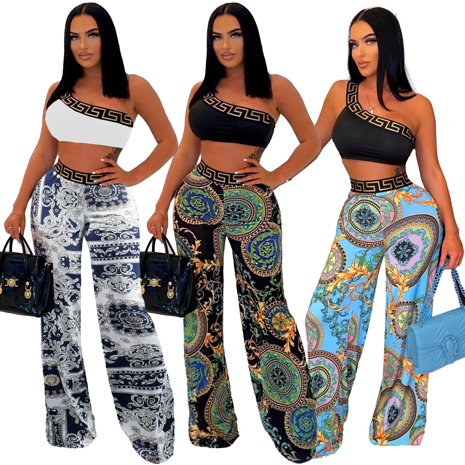 Sexy Slim Print Slash Shoulder Sleeveless Crop Top Pants Two-Piece Nightclub Suit