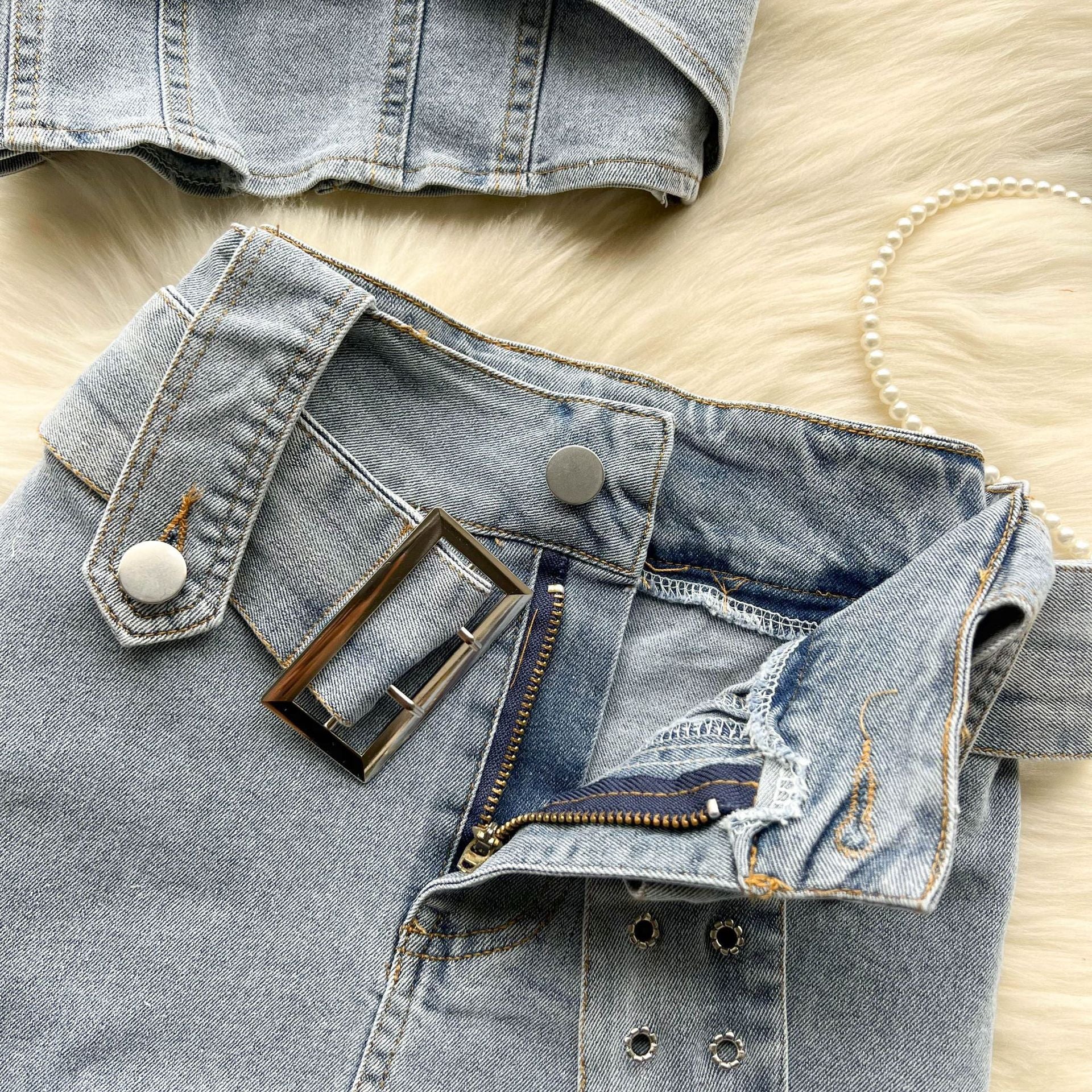 Women's Summer Halter Neck Crop Top Mini Skirt Two-Piece Denim Set 13