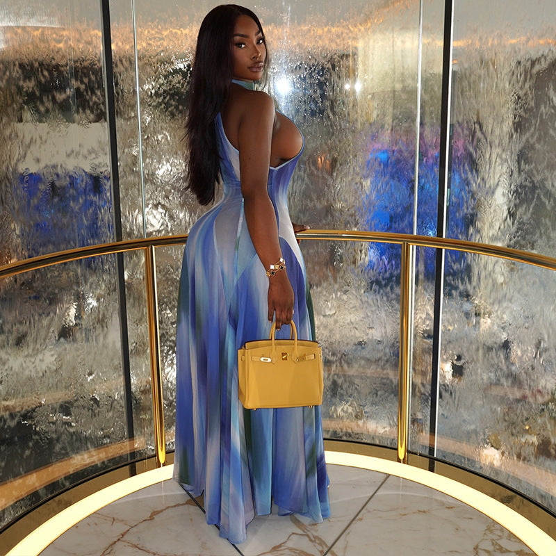 Women Print Gradient Stand Collar Long Sleeve Dress 4