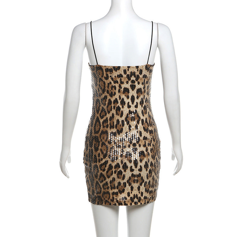 Spring women's clothing fashion sequin leopard straps Bodycon Dress 13