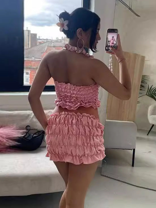 Summer Women style pleated Halter Neck suspender vest and Mini Skirt two-piece suit 6