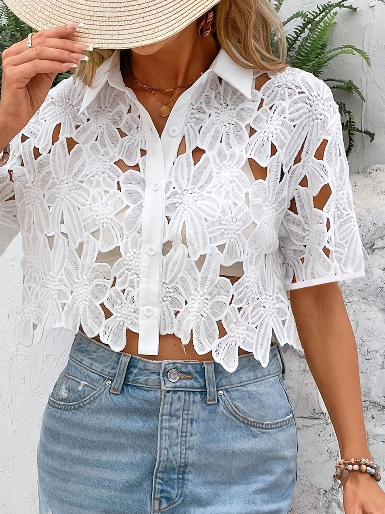 Ladies Lace Fashionable Elegant Top Casual Holidays Party Hollow Shirt 5