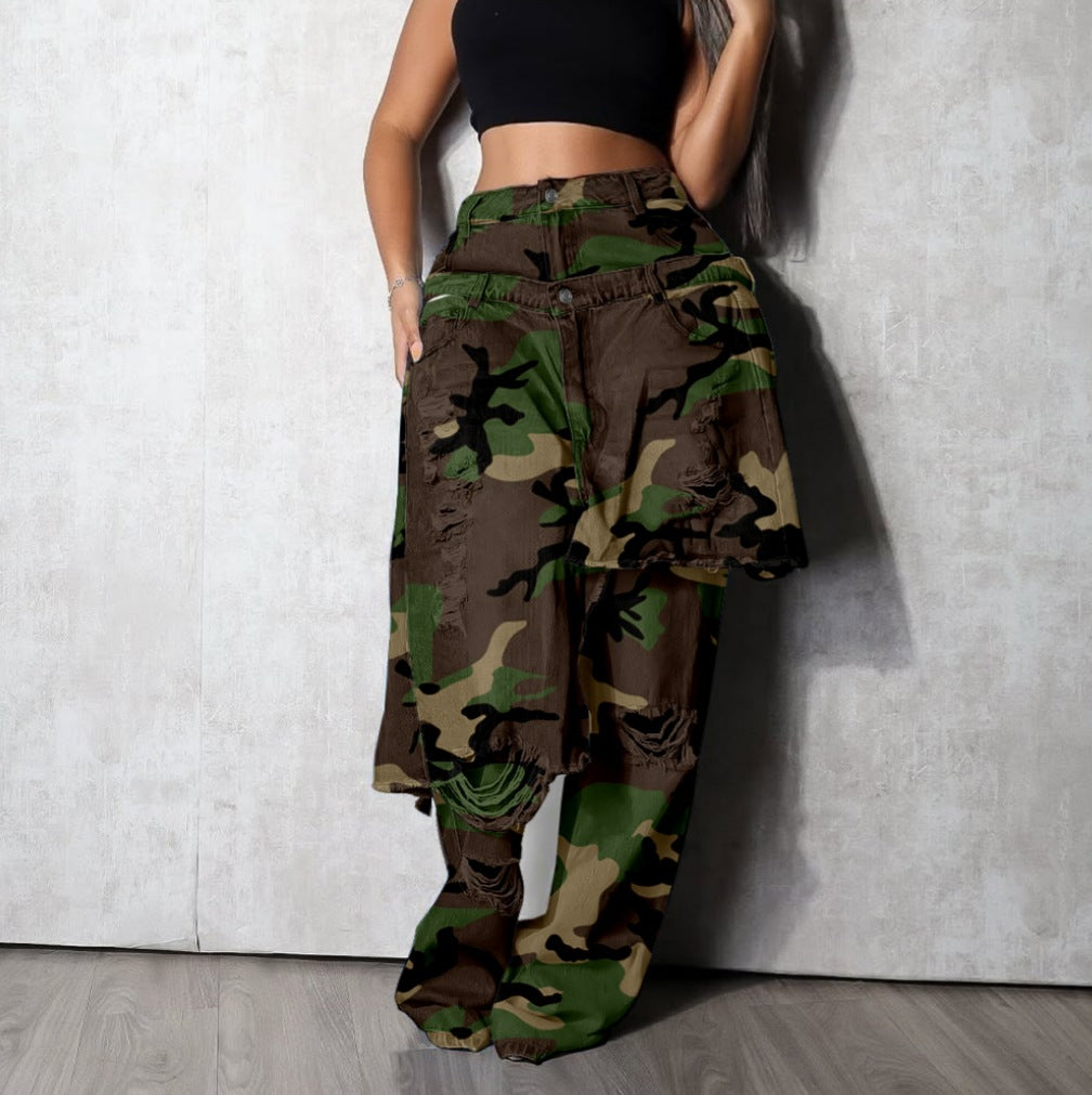 Women's Autumn Winter Fashion Camouflage Distressed Patchwork Rip Denim Pants 5