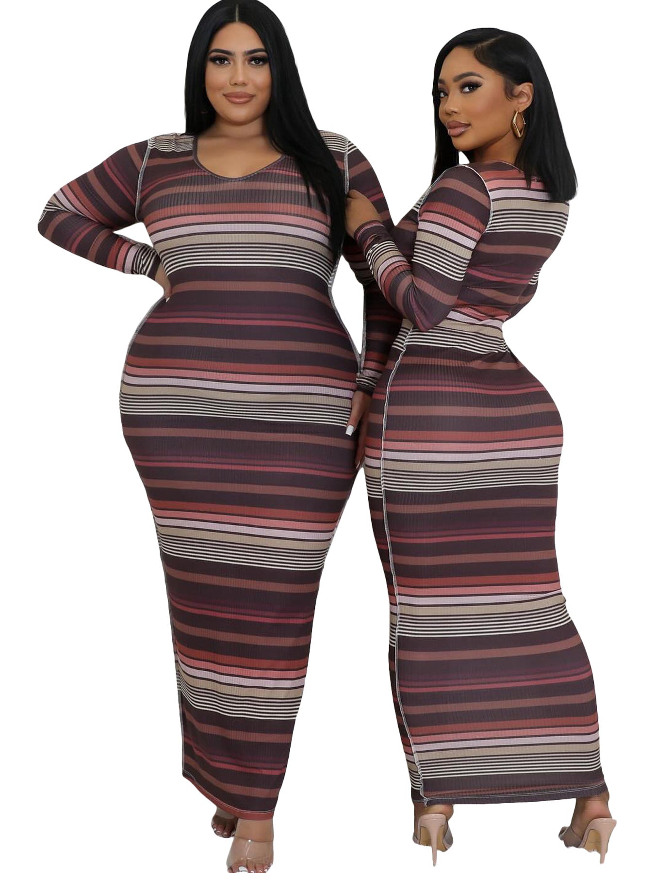 Women Ribbed Printed Stripe Round Neck Long Sleeve Dress 7