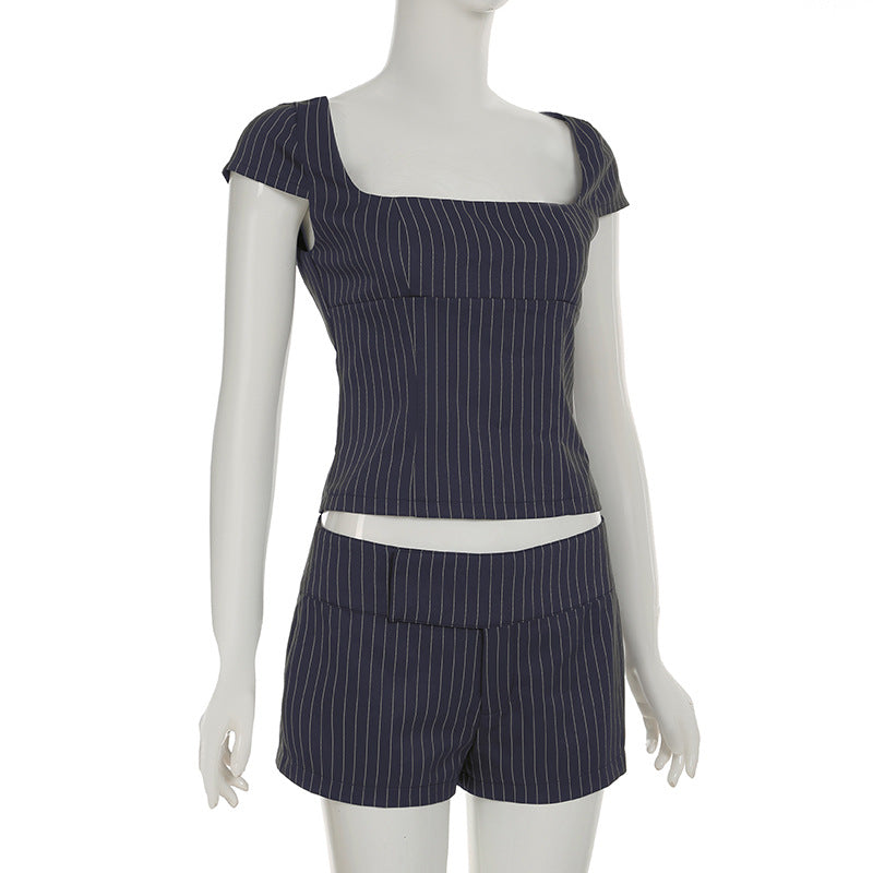 Casual Fashion Striped Low Back Top Shorts Casual Two-piece Set 8