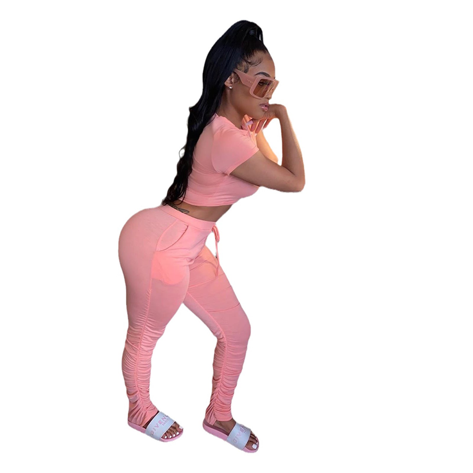 Women's Solid Color Short-Sleeved Sports Suit Two-Piece Pants Set 7