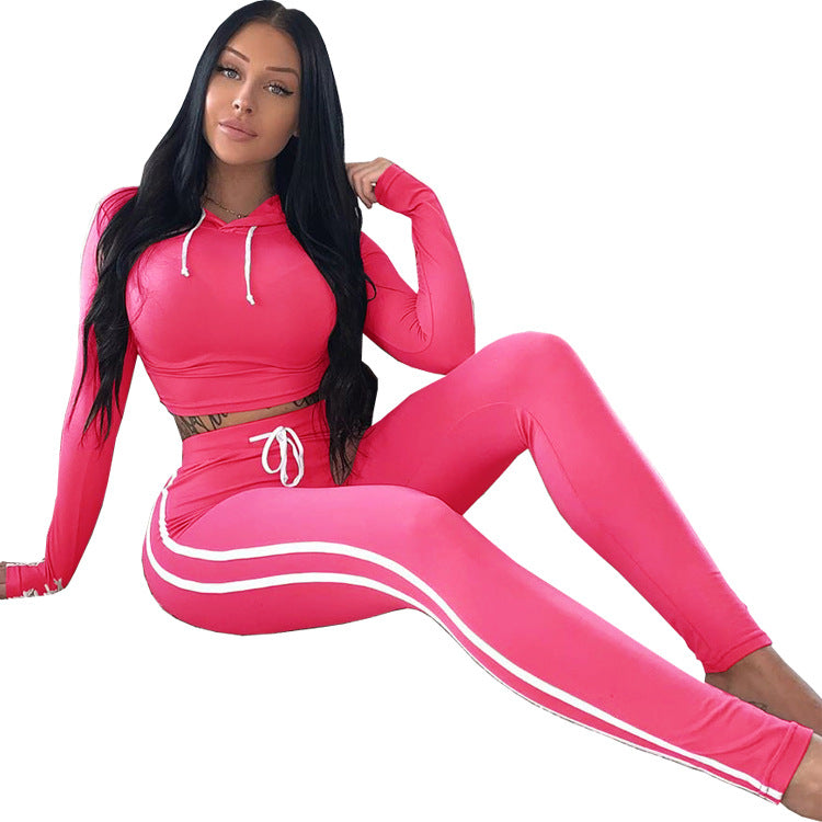 Women Striped Stretchy Hooded Drawstring Top Long Pants Two-piece Set 6