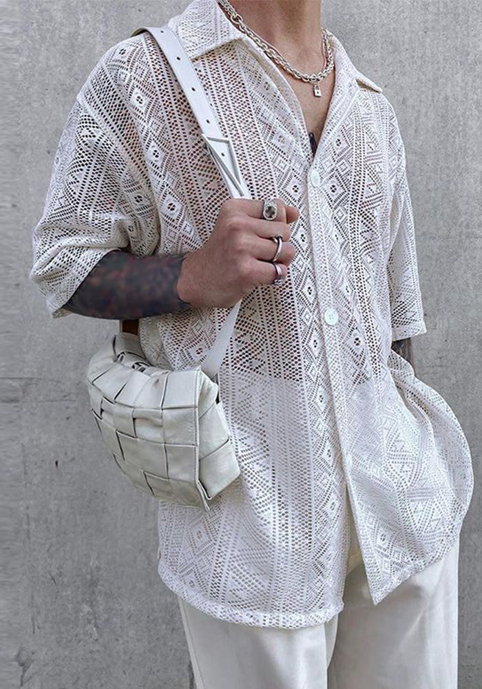 Men summer Solid Half-Sleeve Mesh See-Through Lace Shirt