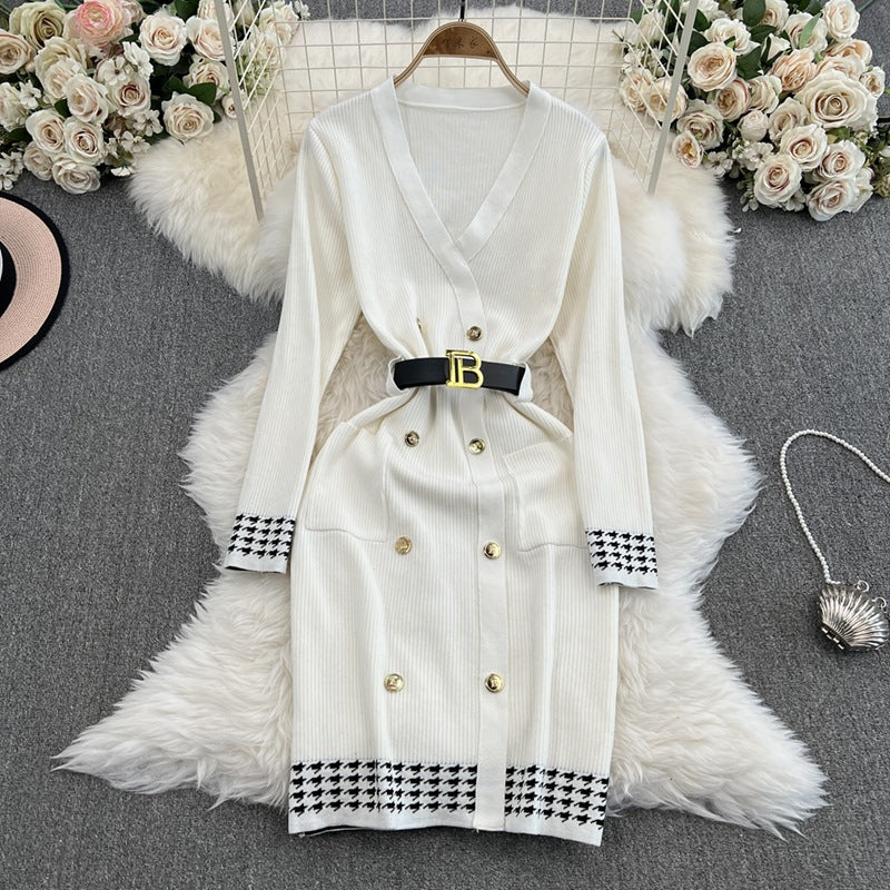 Women V-Neck Double-Breasted Long-Sleeved Knitting Dress 4