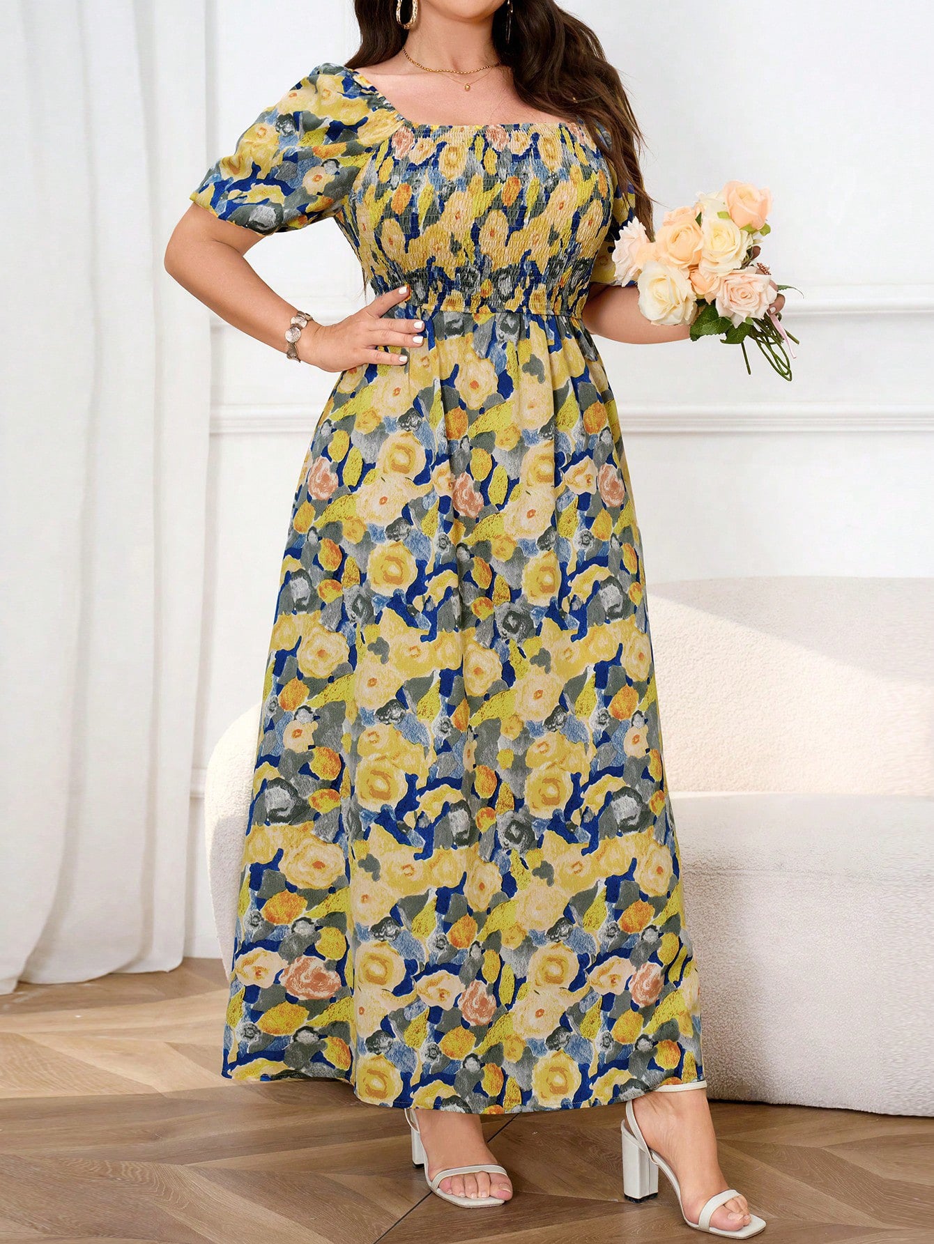 Plus Size Floral Square Neck Puff Sleeve Summer Slim Waist Chic A-Line Maxi Dress 3