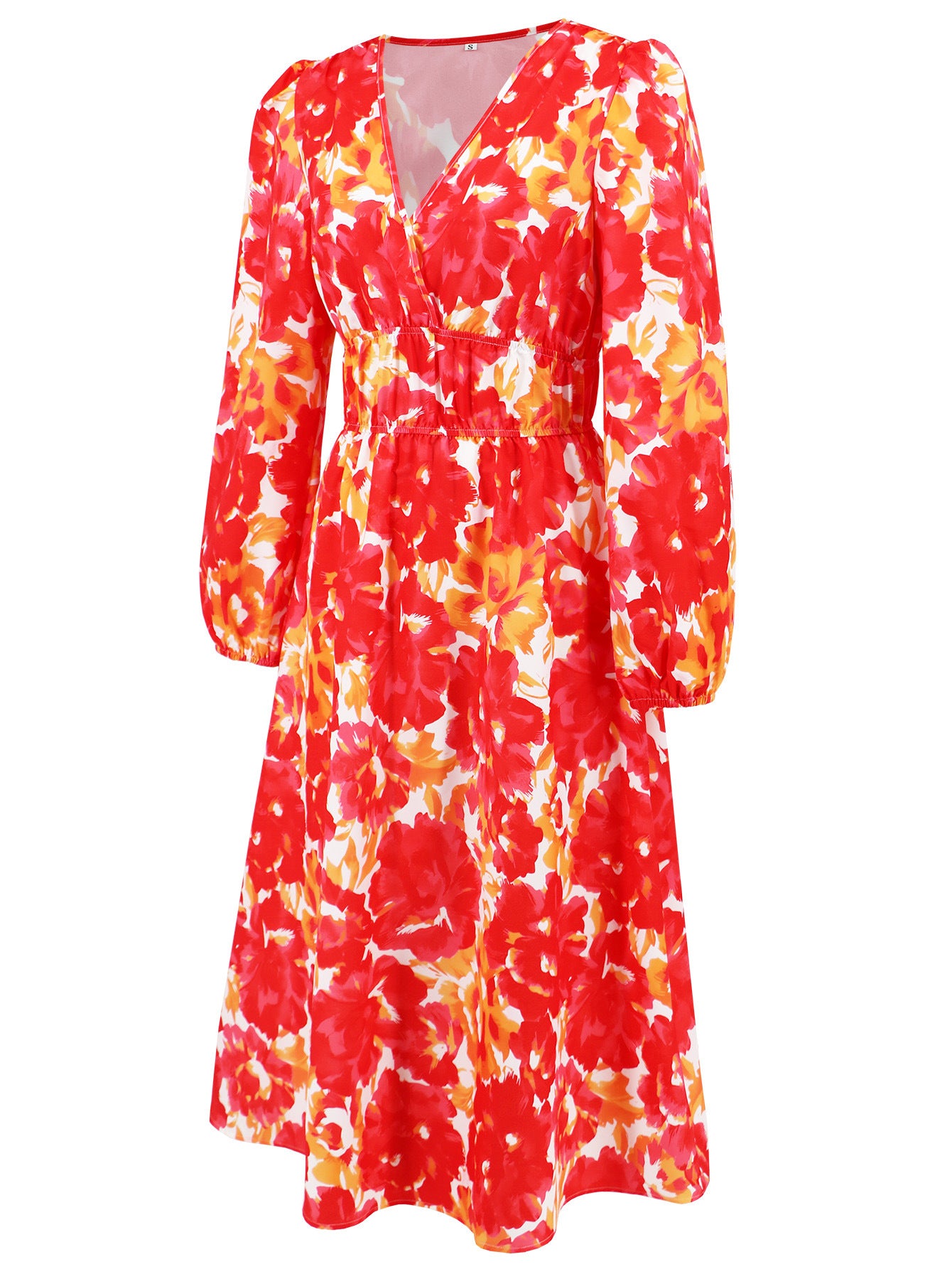 Women's Chic Print Slim Waist Long Sleeve Midi Casual Dress 32