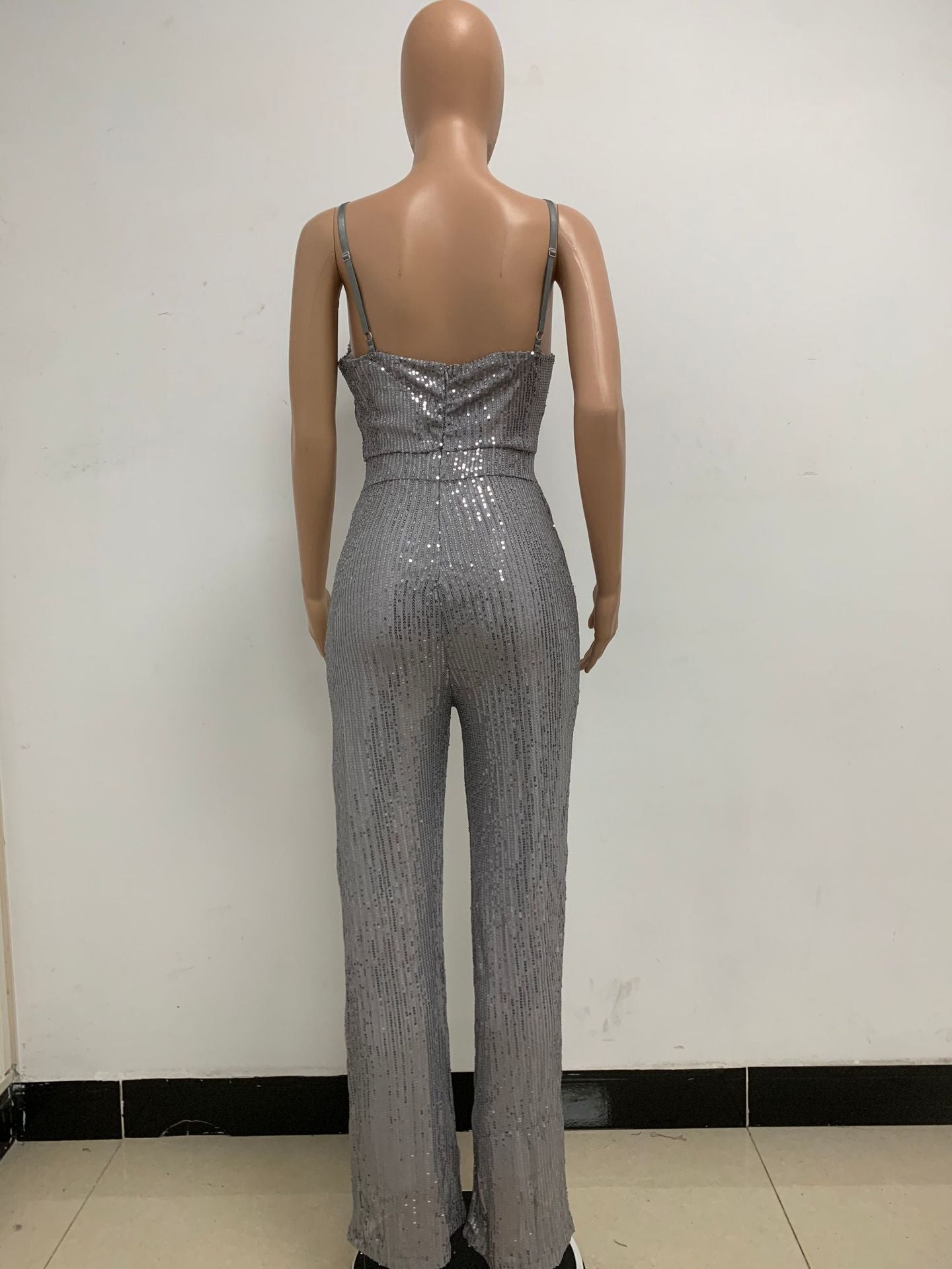 Deep V Neck Low Back Sleeveless Chic Sequined Straps Elegant Women's Party Jumpsuit 126