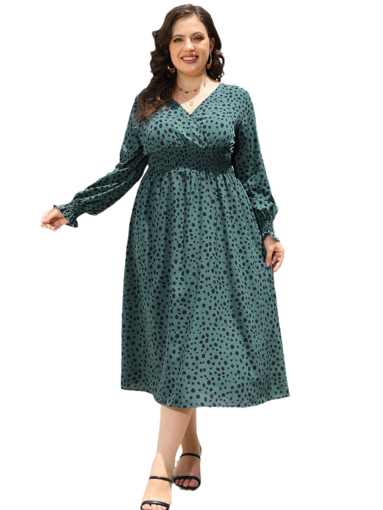 Fall Plus Size Dress Women's Printed V Neck Slim Waist Maxi Dress 7
