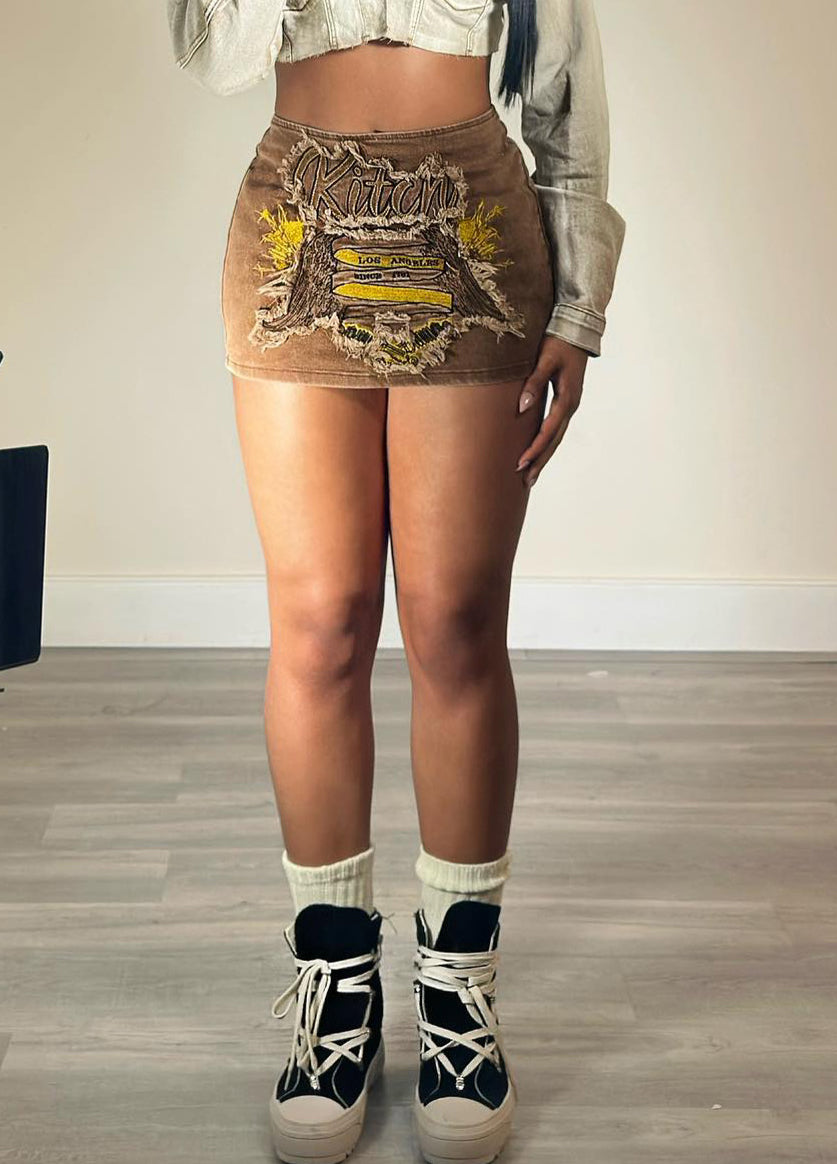 Women Patch Embroidered Zip Skirt