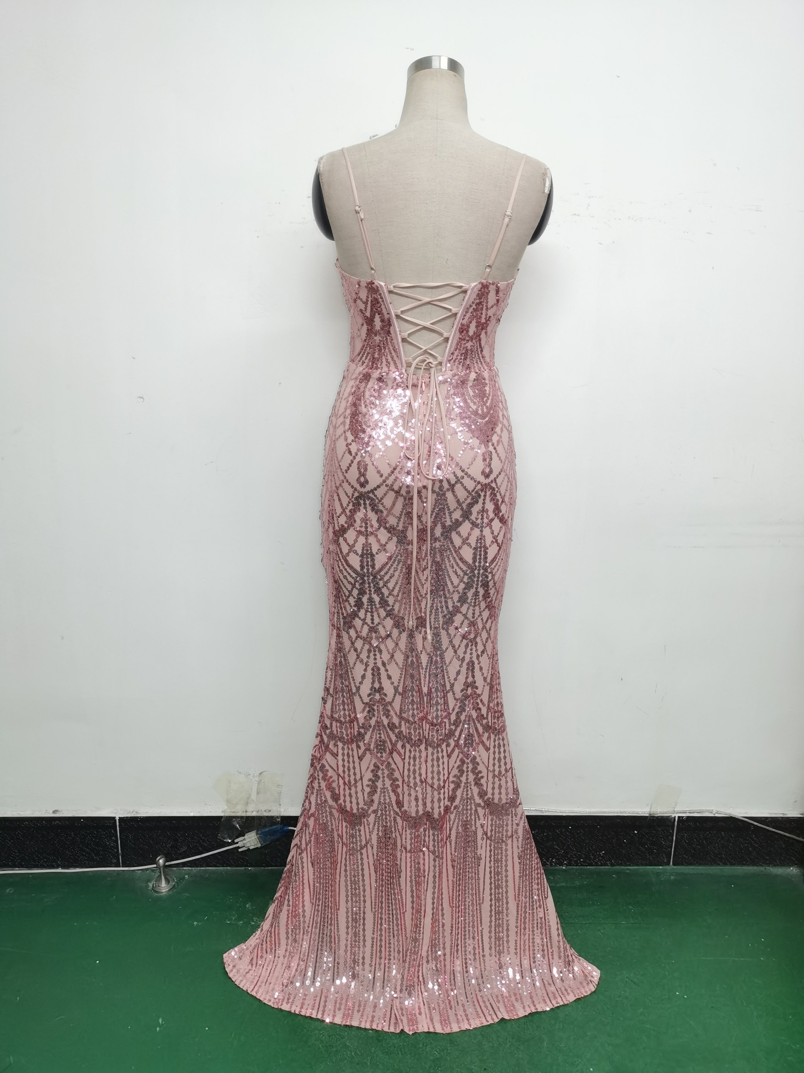 Women Beaded Tube Fishbone Lace-Up Sequin Formal Party Evening Dress 47