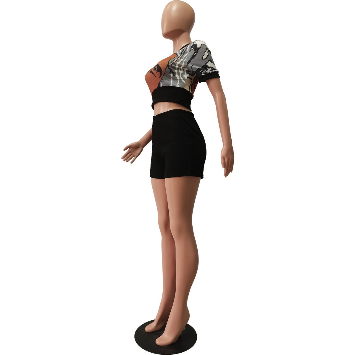 Women's Summer Print Heart Neck Slim Sport Casual Top + Shorts Set 23