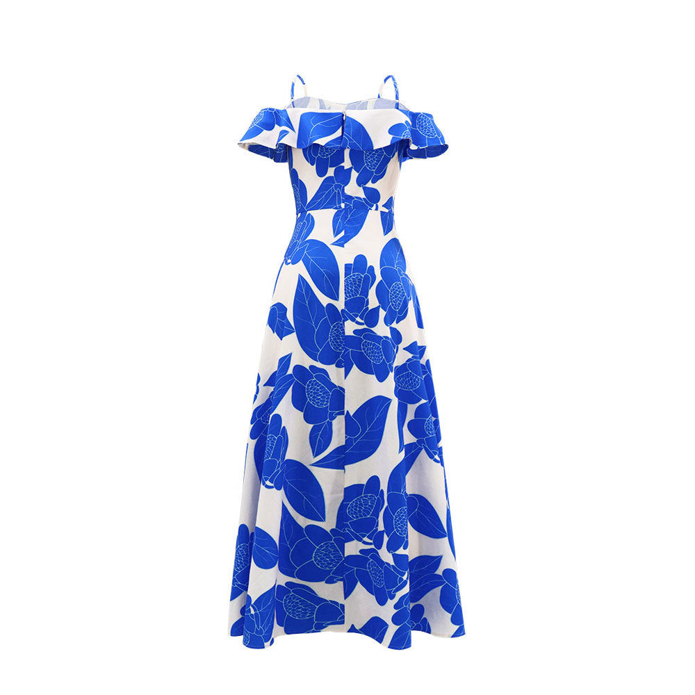 Women Printed Off Shoulder Strap High Slit Long Dress 4