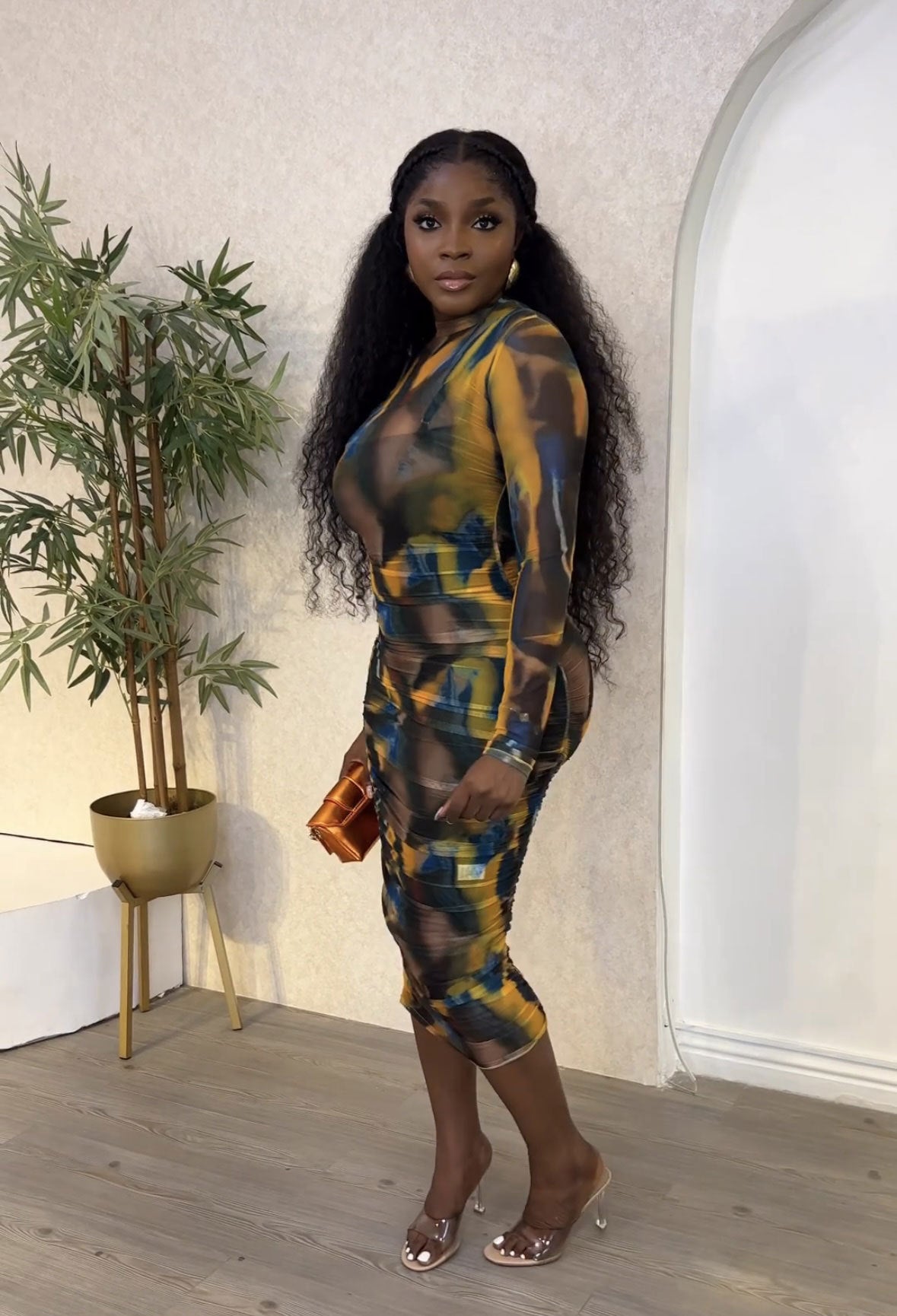 See-Through Mesh Sexy Round Neck Long-Sleeve Bodycon Dress 4