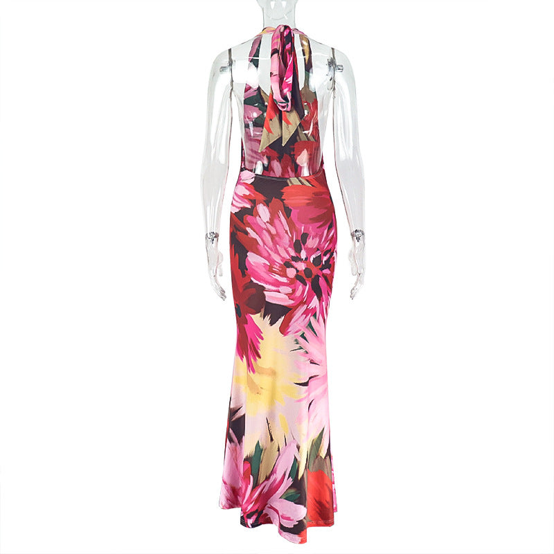 Women Sexy Halter Neck Backless Print Bodycon Dress 9