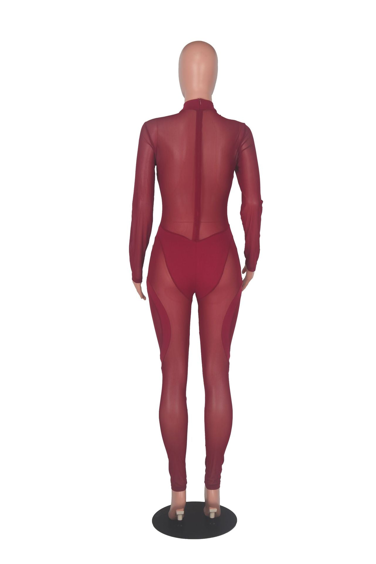 Women'S Mid Neck Sexy Long Sleeve See-Through Mesh Patchwork Jumpsuit 19
