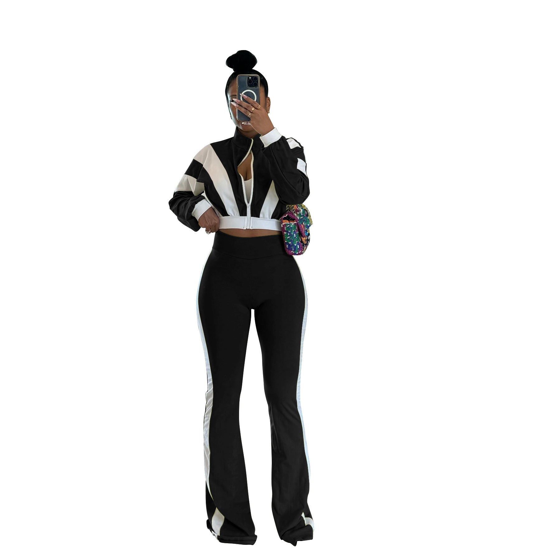 Women's Chic Casual Color-Block Long-Sleeve Zipper Top Slim Fit Bell Bottom Pants Set 3