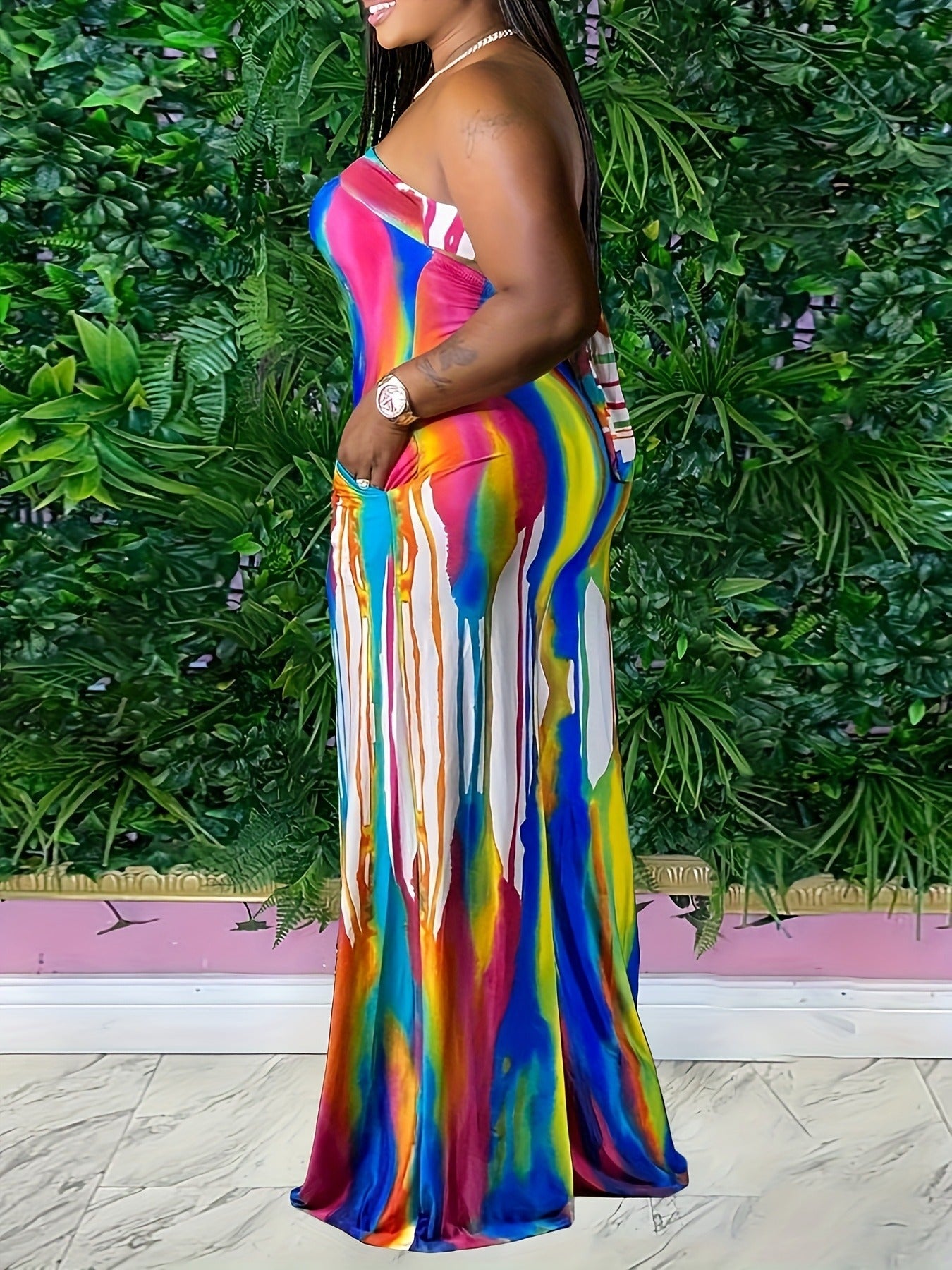 Women Rainbow Print Sexy Off-Shoulder Jumpsuit 3