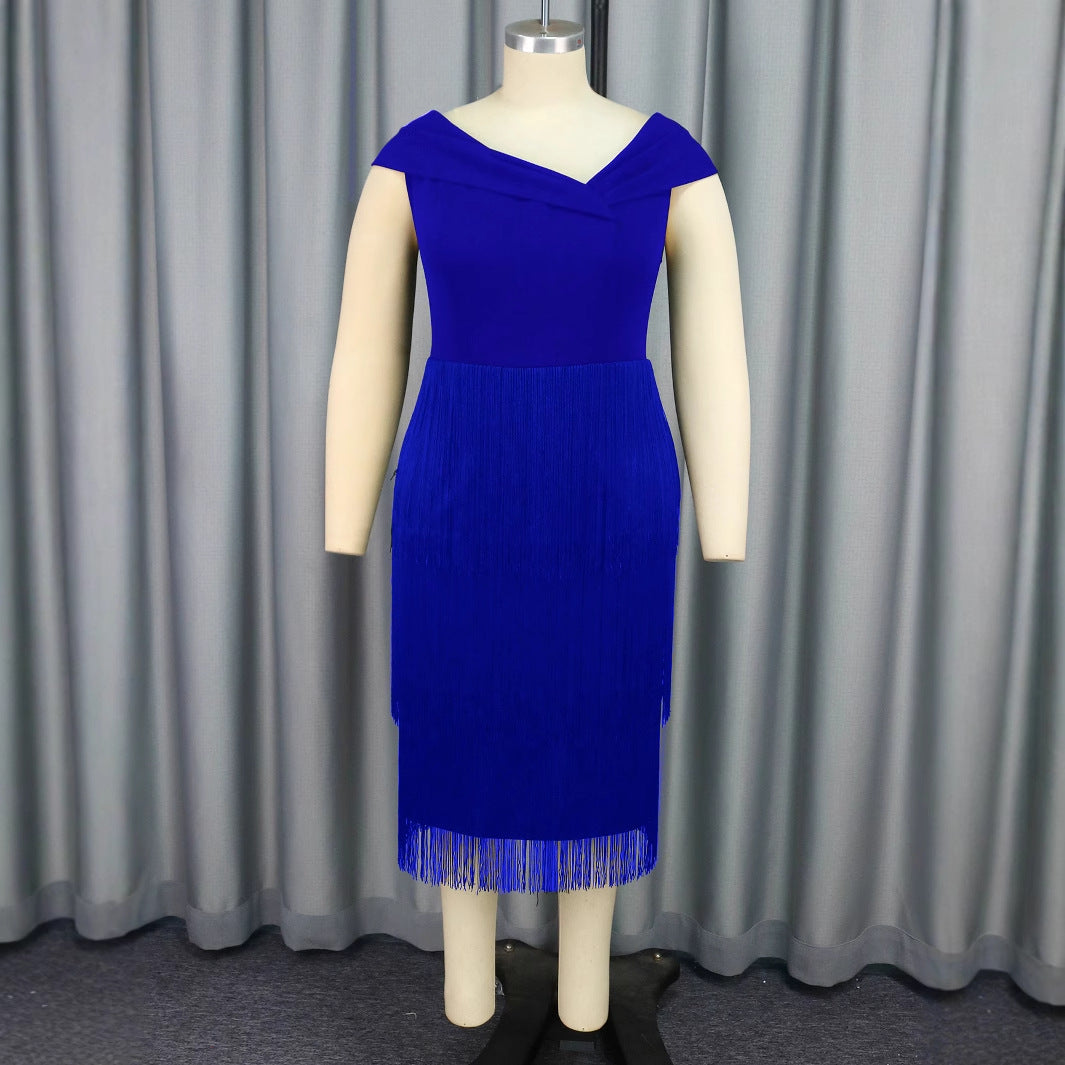 Women Asymmetric Collar Sleeveless Tassel Party Dance Elegant Dress 5