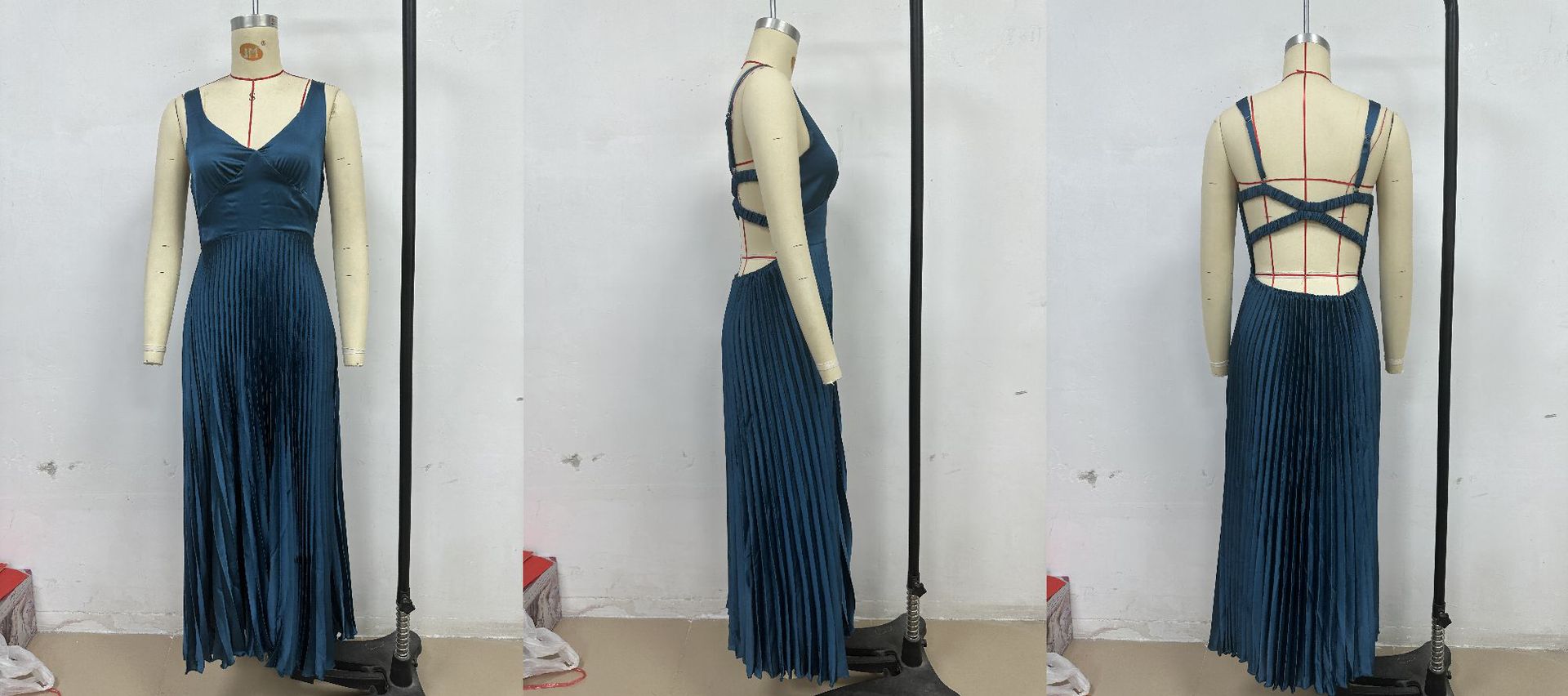 Women summer solid pleated sexy v-neck Strap Dress 6