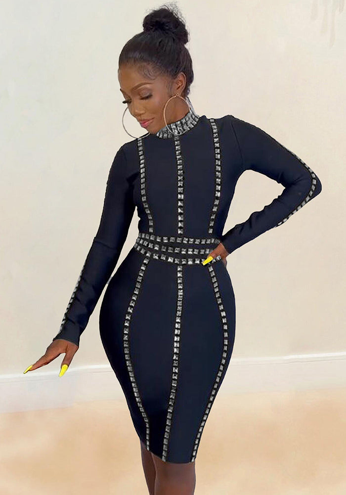 Women Sexy Beaded Stretch Bodycon Long Sleeve Dress
