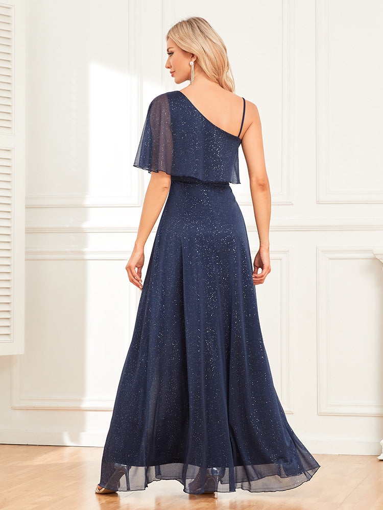 Ladies One Shoulder Short Sleeve Side Slit Evening Dress A-Line Shiny Long Party Prom 3