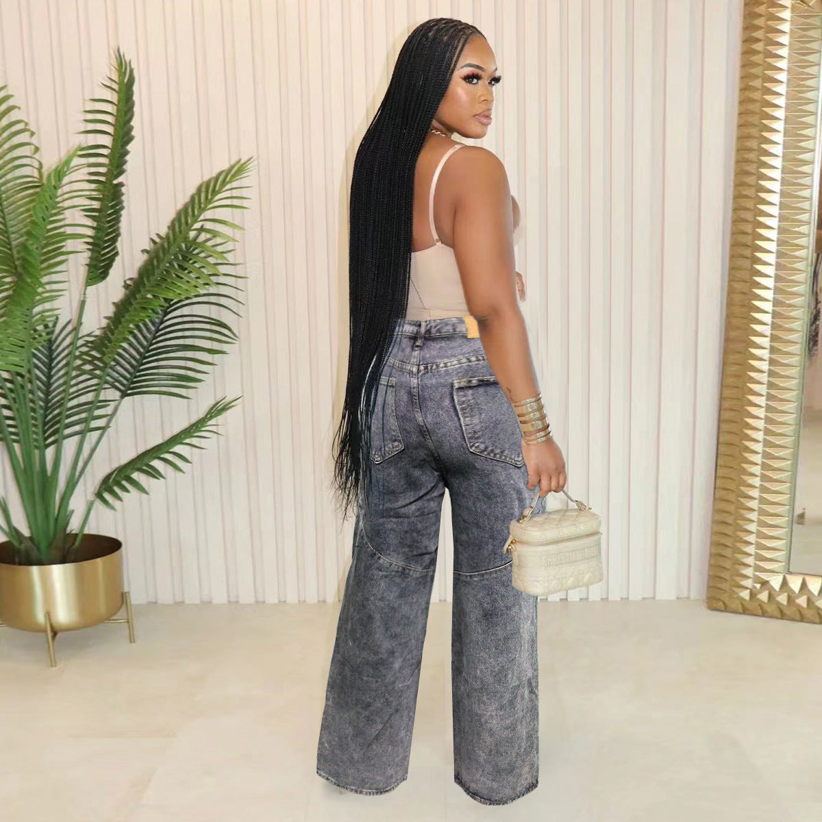 Pocket Cargo Washed Denim Pants Straight Women Jeans 3