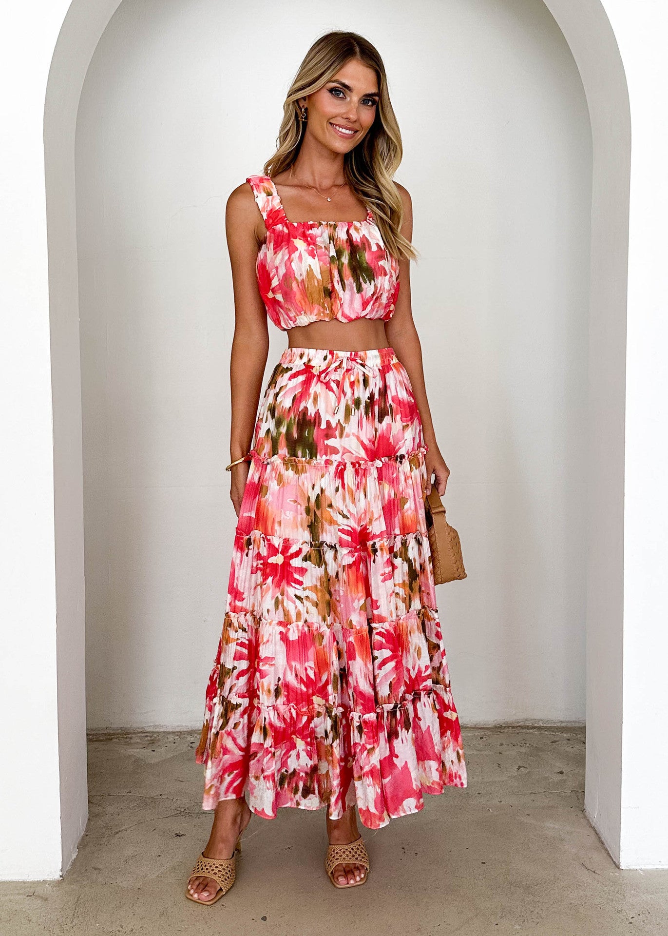 Floral Strap Crop Top & High-Waist Skirt Two-Piece Set