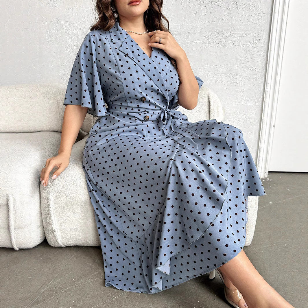Plus Size Summer V-Neck Lace-Up Slim Waist Polka Dot Dress 5