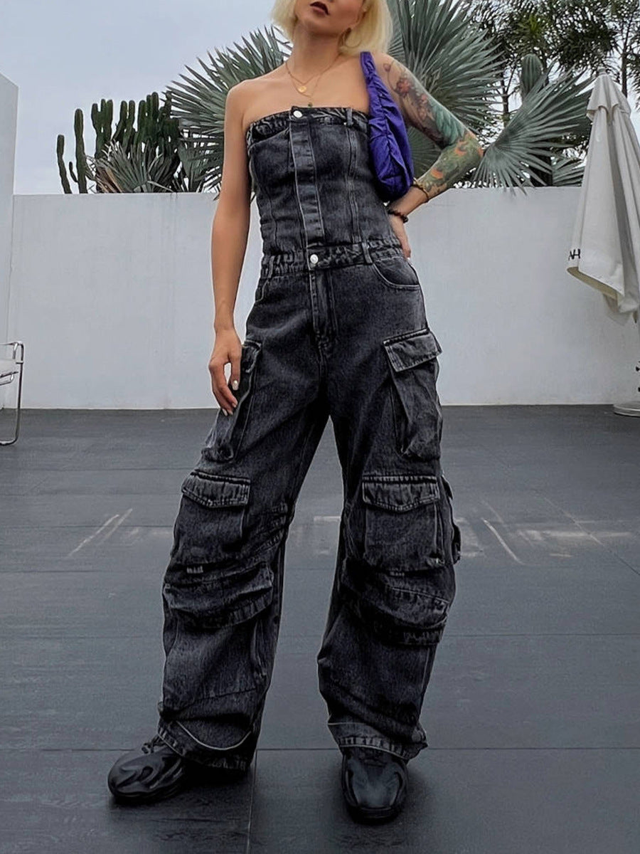 Women Street Style Strapless Pockets Denim Cargo Jumpsuit 4